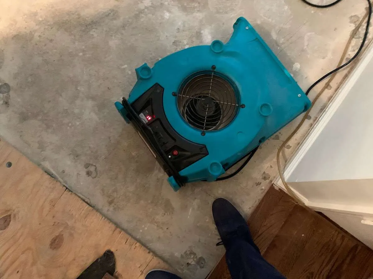 Air mover drying subfloor during Commercial Water Damage Restoration in Green Valley